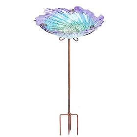 MUMTOP glass bird bath with purple bowl and stake for outdoor garden use.