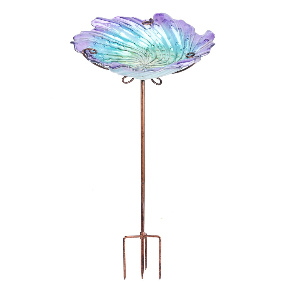 MUMTOP glass bird bath with purple bowl and stake for outdoor garden use.