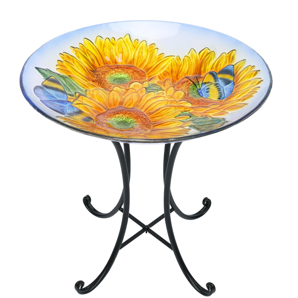 MUMTOP glass birdbath with sunflower bowl attracts birds to your garden.