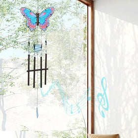 MUMTOP glass butterfly wind chime closeup, sparkling details catch sunlight beautifully.