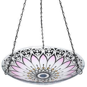 MUMTOP hanging bird bath with symmetrical pattern and bright colors attracting birds to bathe