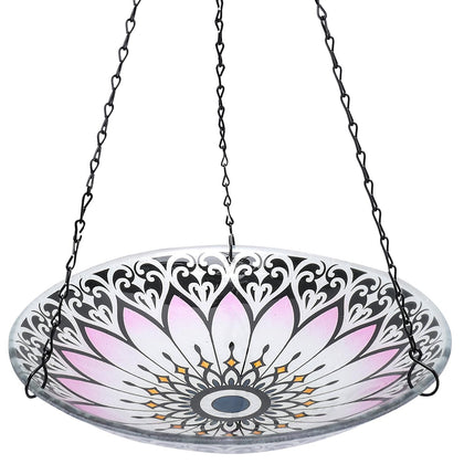 MUMTOP hanging bird bath with symmetrical pattern and bright colors attracting birds to bathe