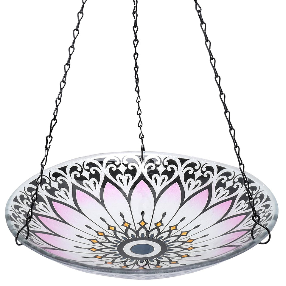 MUMTOP hanging bird bath with symmetrical pattern and bright colors attracting birds to bathe
