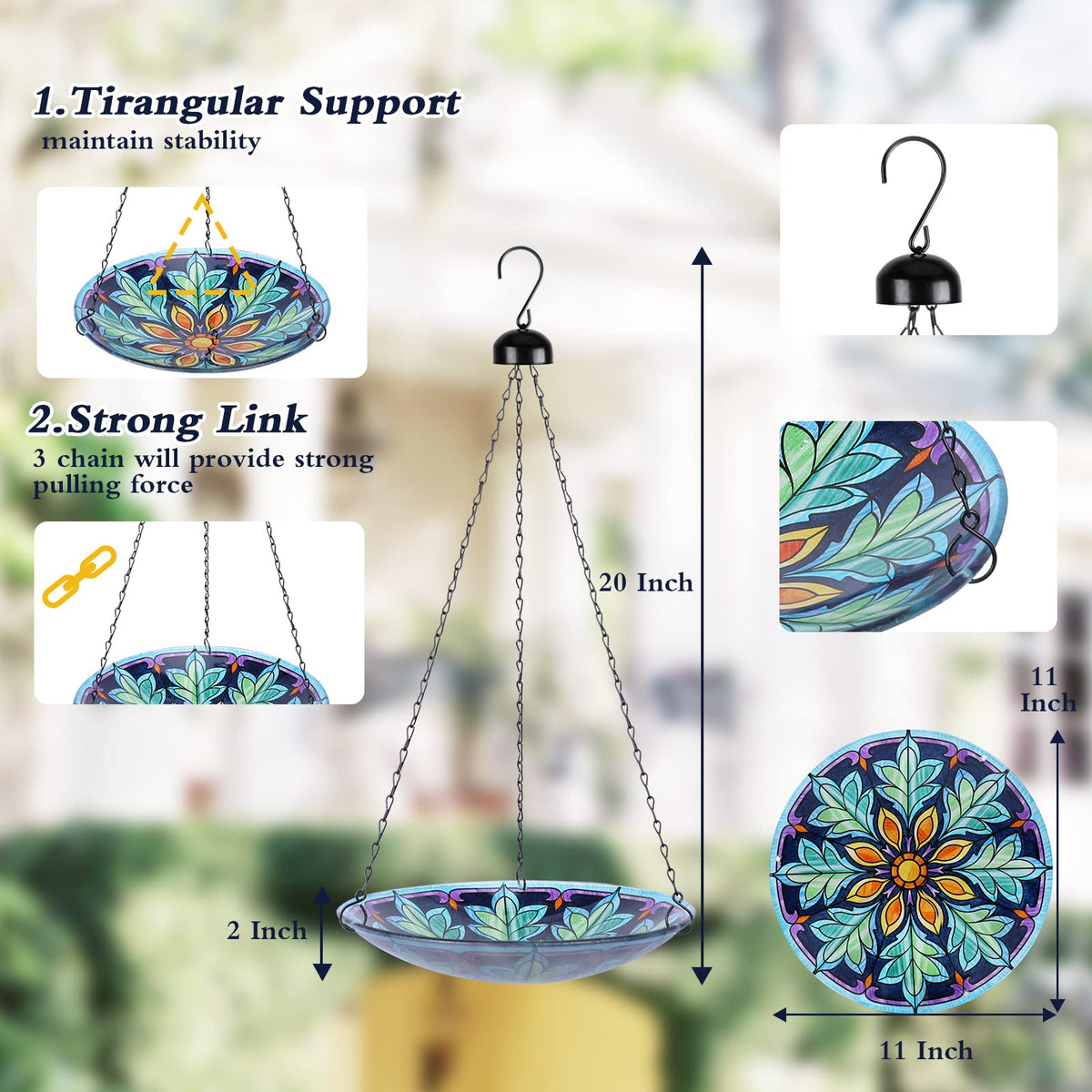 MUMTOP hanging bird bath shows rust-proof chain for durable outdoor use