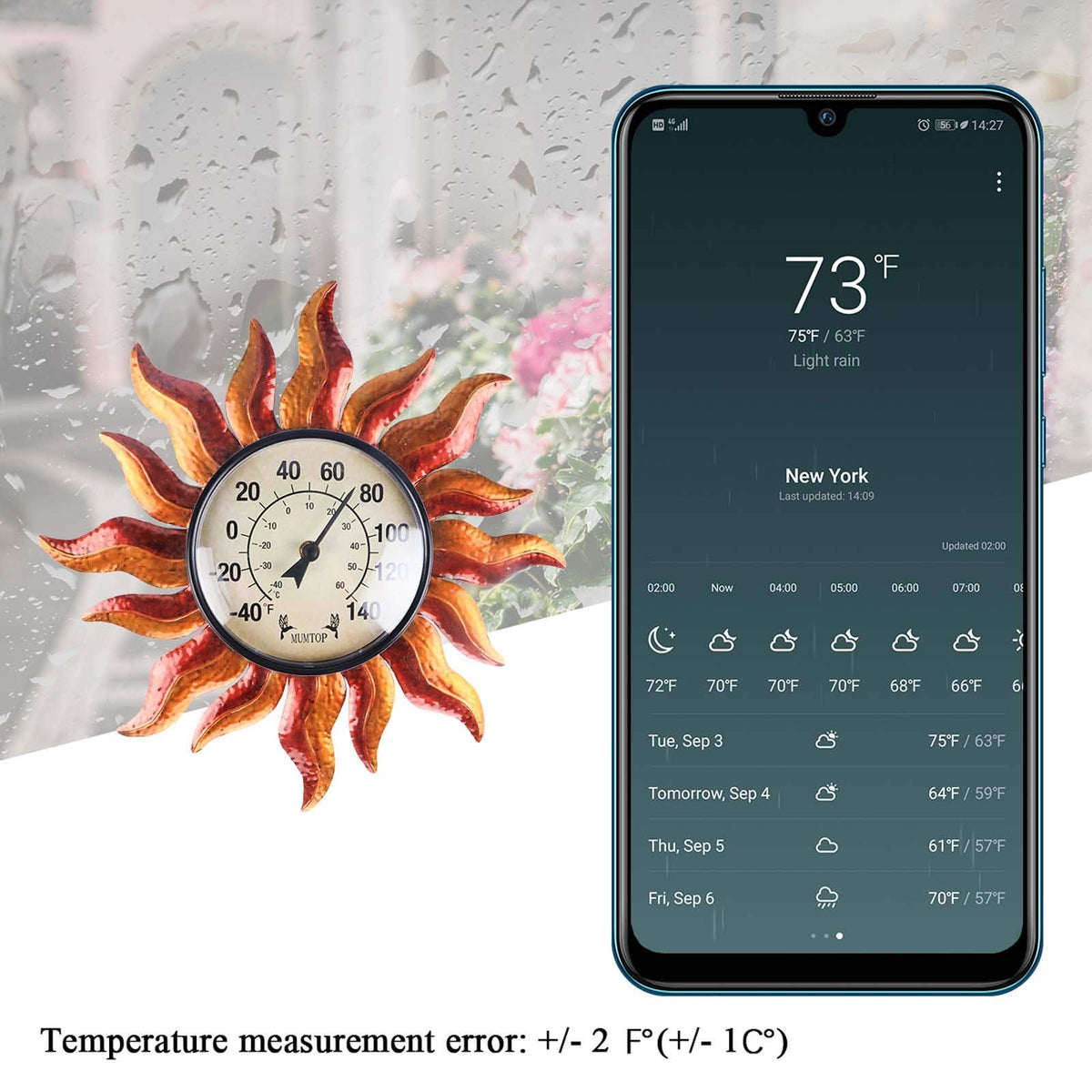 MUMTOP large-number outdoor dial thermometer designed for patio or yard use.