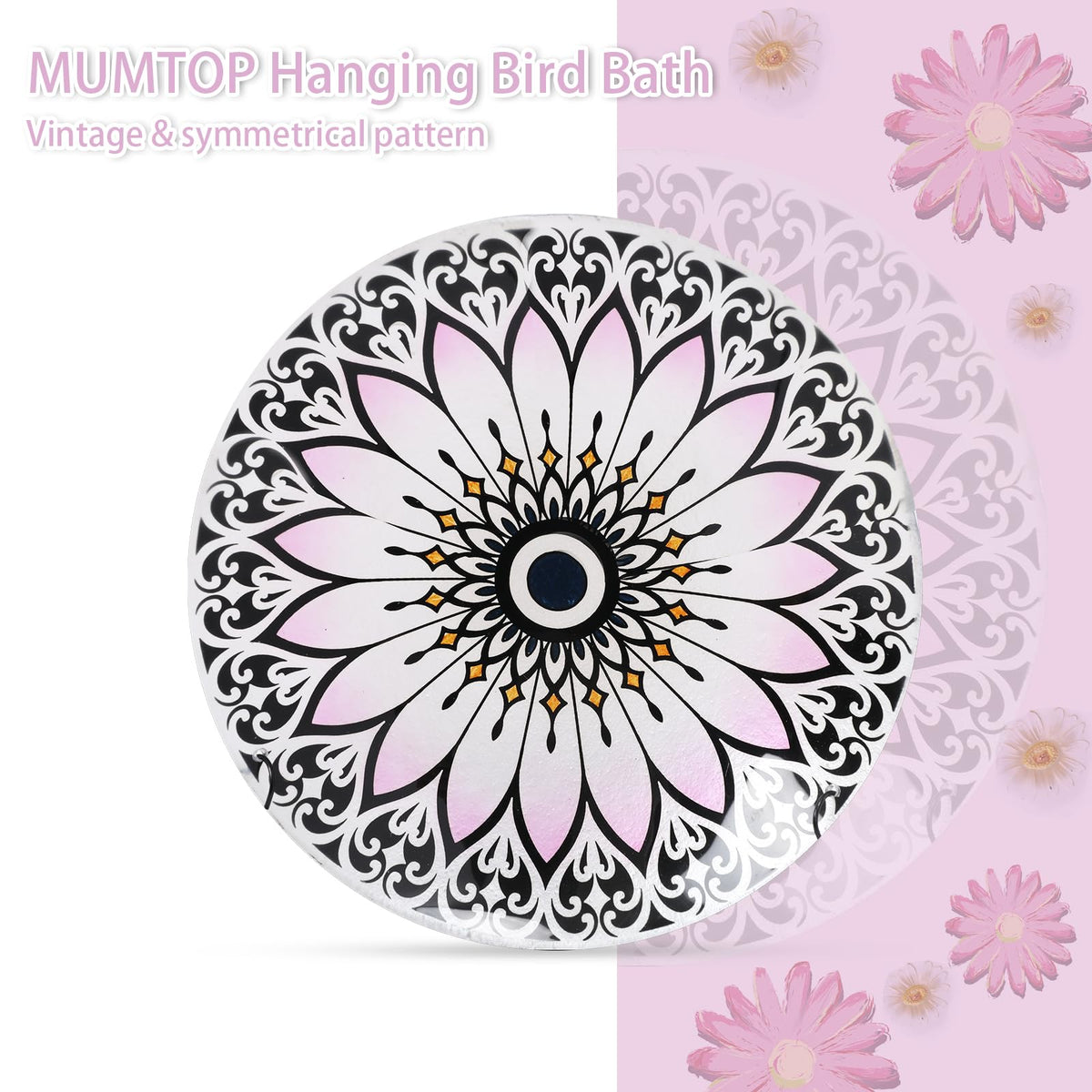 MUMTOP glass bird bath showing rust-proof hanging chain for outdoor durability