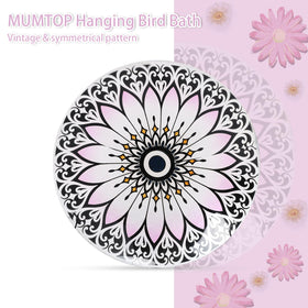 MUMTOP glass bird bath showing rust-proof hanging chain for outdoor durability