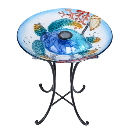 MUMTOP outdoor bird bath with glass bowl featuring turtle motif invites birds to refresh