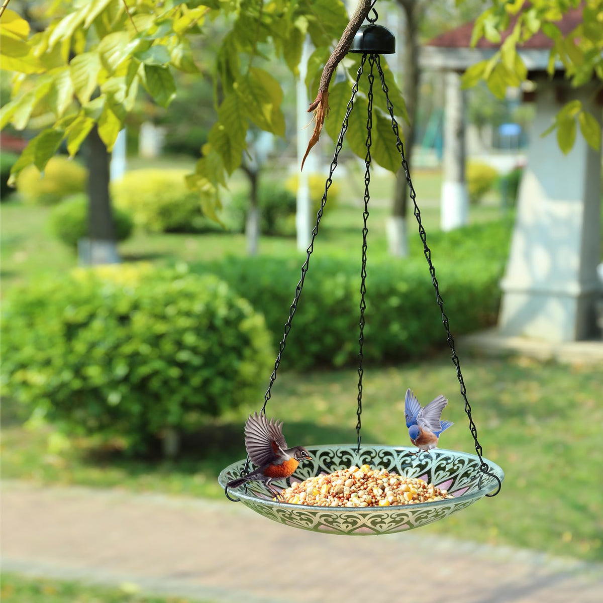 MUMTOP outdoor bird bath installation in a landscaped yard