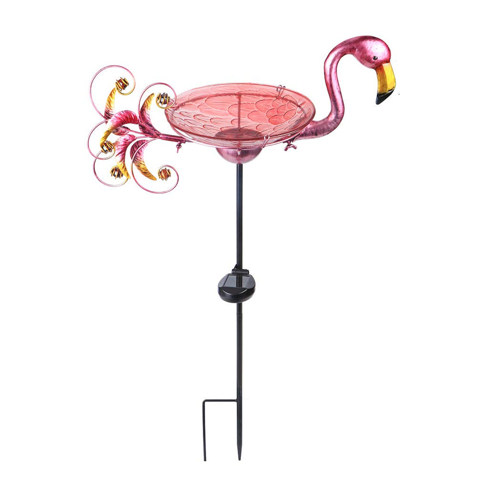 MUMTOP outdoor birdbath with flamingo stake in garden