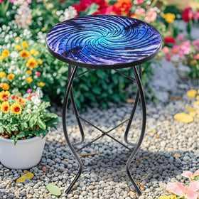 MUMTOP round glass top table on balcony with plants and sunlight