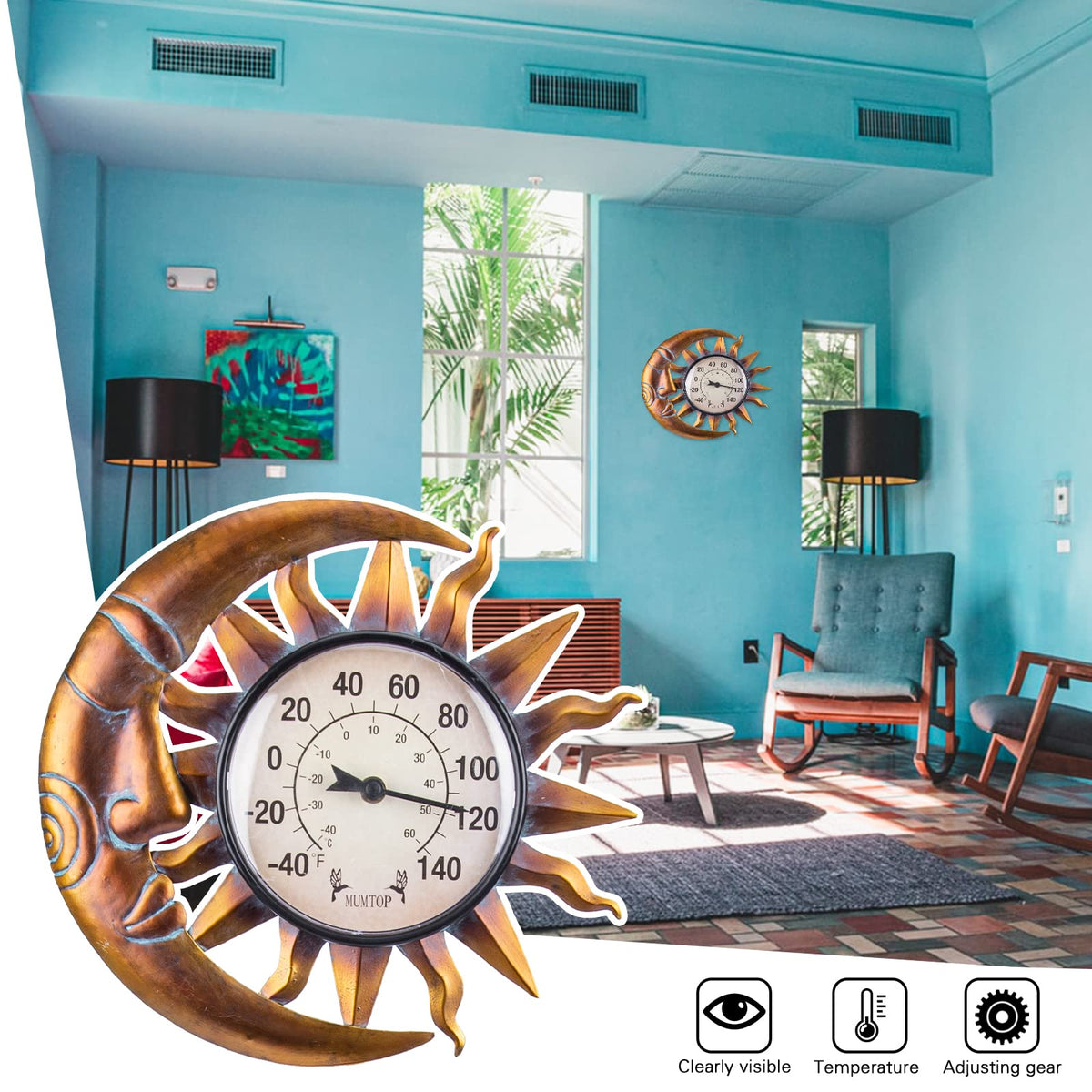 MUMTOP patio thermometer six point three inch dial for clear readings.