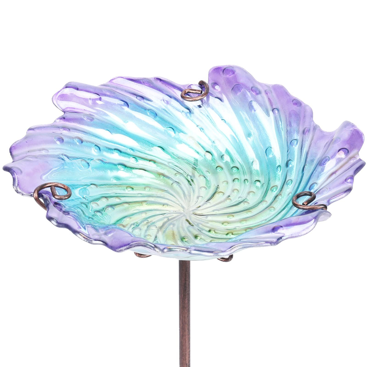MUMTOP purple glass bird bath adding decorative charm to garden.