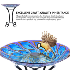 MUMTOP solar LED lights illuminate the birdbath at night for ambiance.
