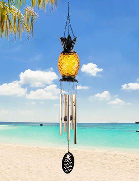 MUMTOP solar wind chime pineapple light on top provides warm outdoor ambiance.