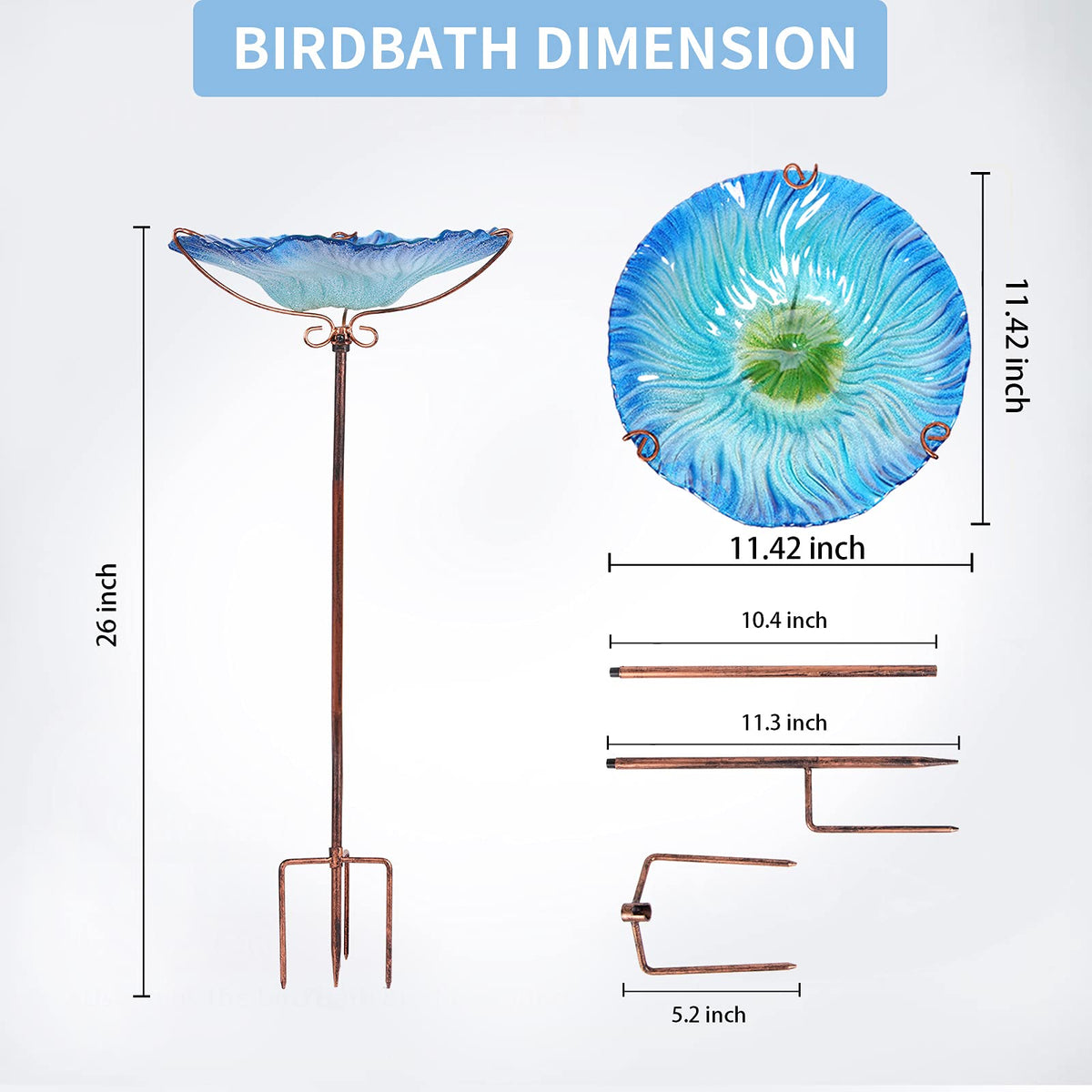 MUMTOP stainless steel stake supports the birdbath securely in wind.