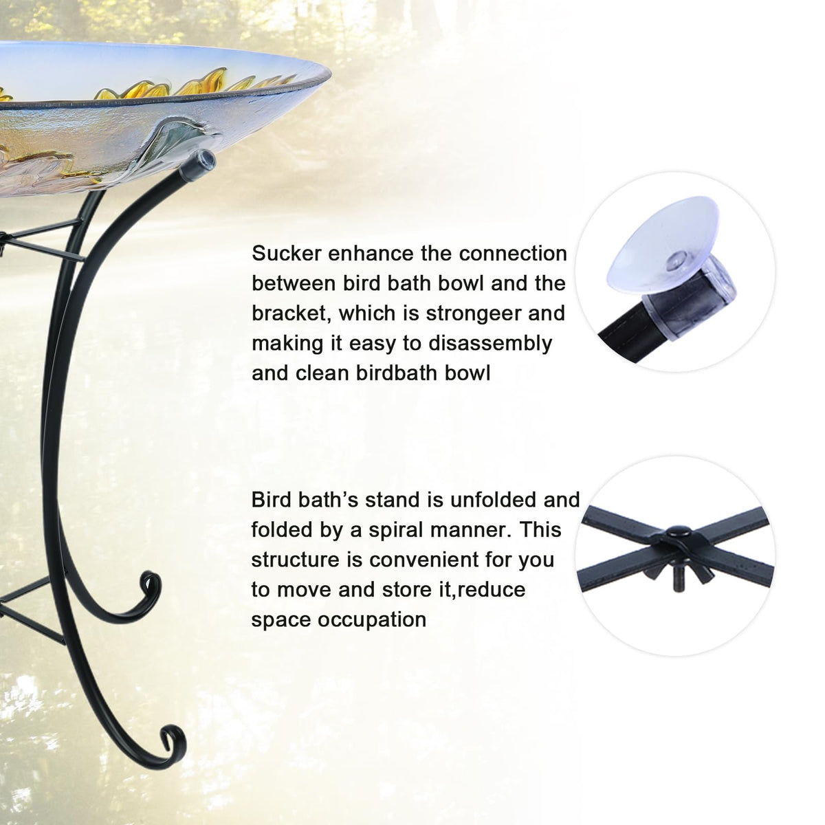 MUMTOP sunflower-pattern birdbath enhances outdoor ambiance.
