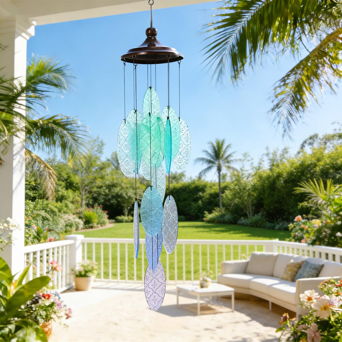 MUMTOP coastal decor wind chimes brighten the yard with blue-green glass accents