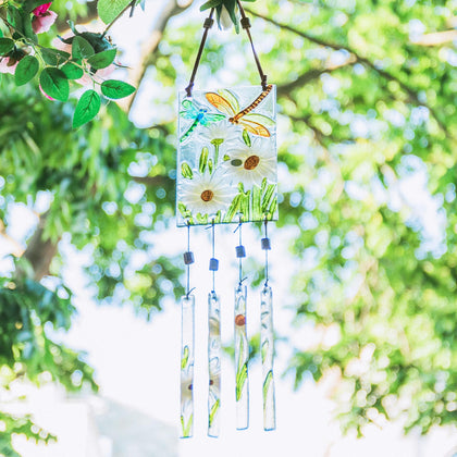 MUMTOP wind chimes dragonfly and daisy glass ornament for garden ambience
