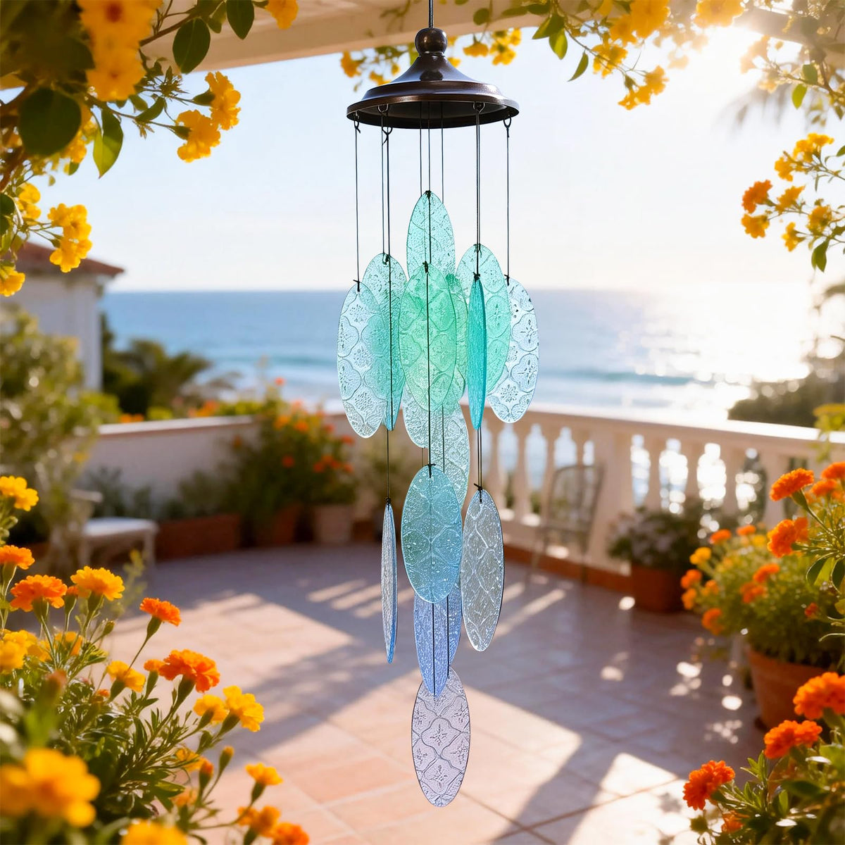 MUMTOP garden wind chimes featuring blue-green glass pieces in decorative patterns