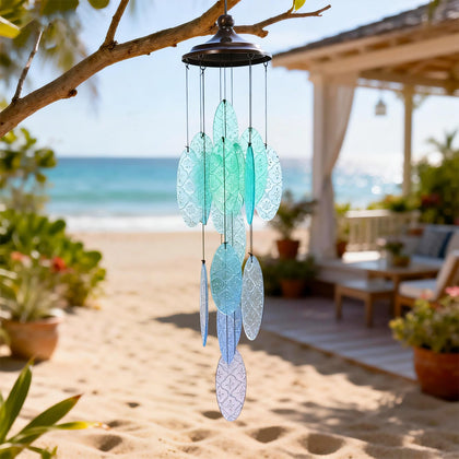 MUMTOP wind chimes with blue-green stained glass create a calming outdoor ambiance