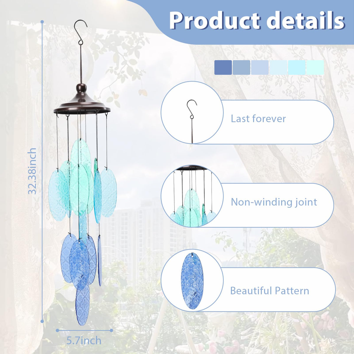 MUMTOP patio wind chimes produce a gentle glass sound in the breeze
