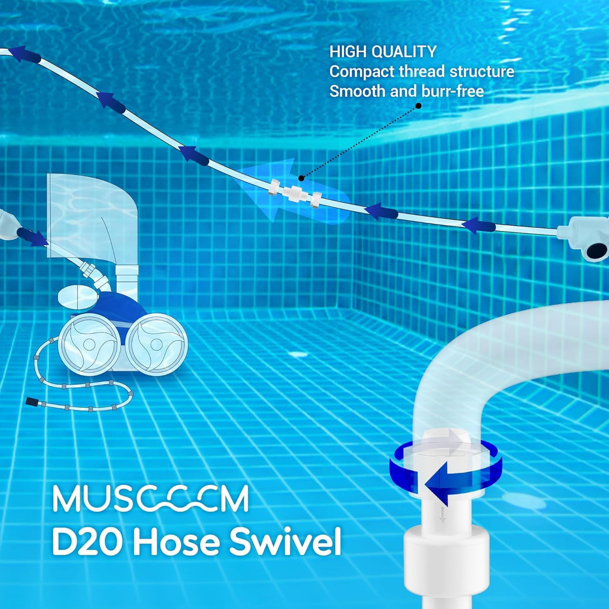 MUSCCCM hose swivel compatible with Polaris 180 pool cleaners for easy setup.