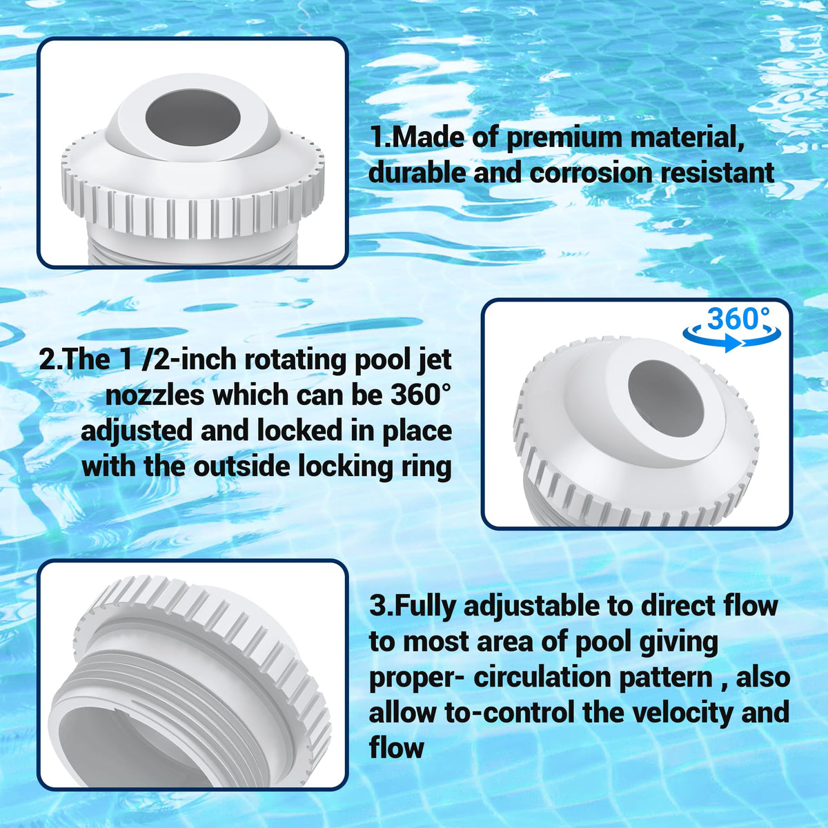 Directional flow adjustment tailors water return to pool activity.