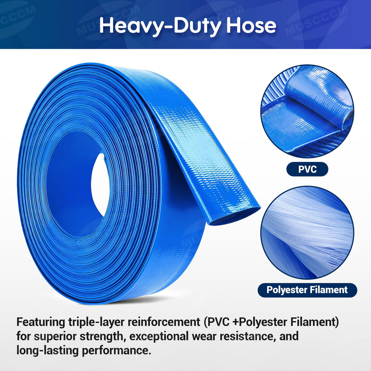 Stainless steel clamps secure the MUSCCCM backwash hose for leak-free connections.