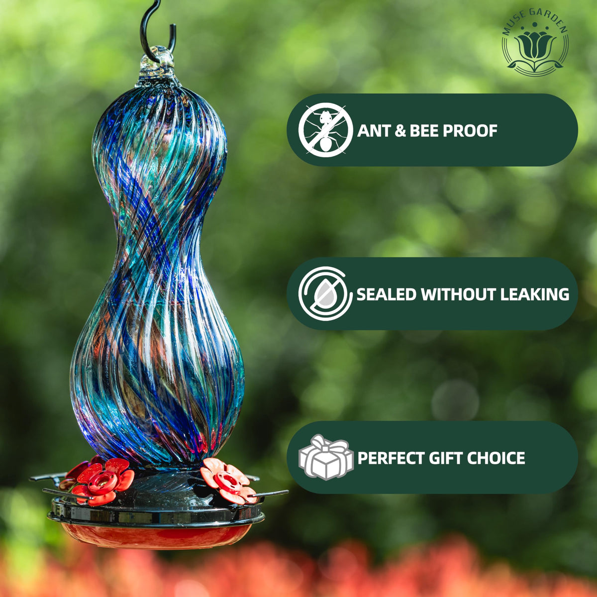 Muse Garden 24-oz capacity feeder reduces refills for extended watching.