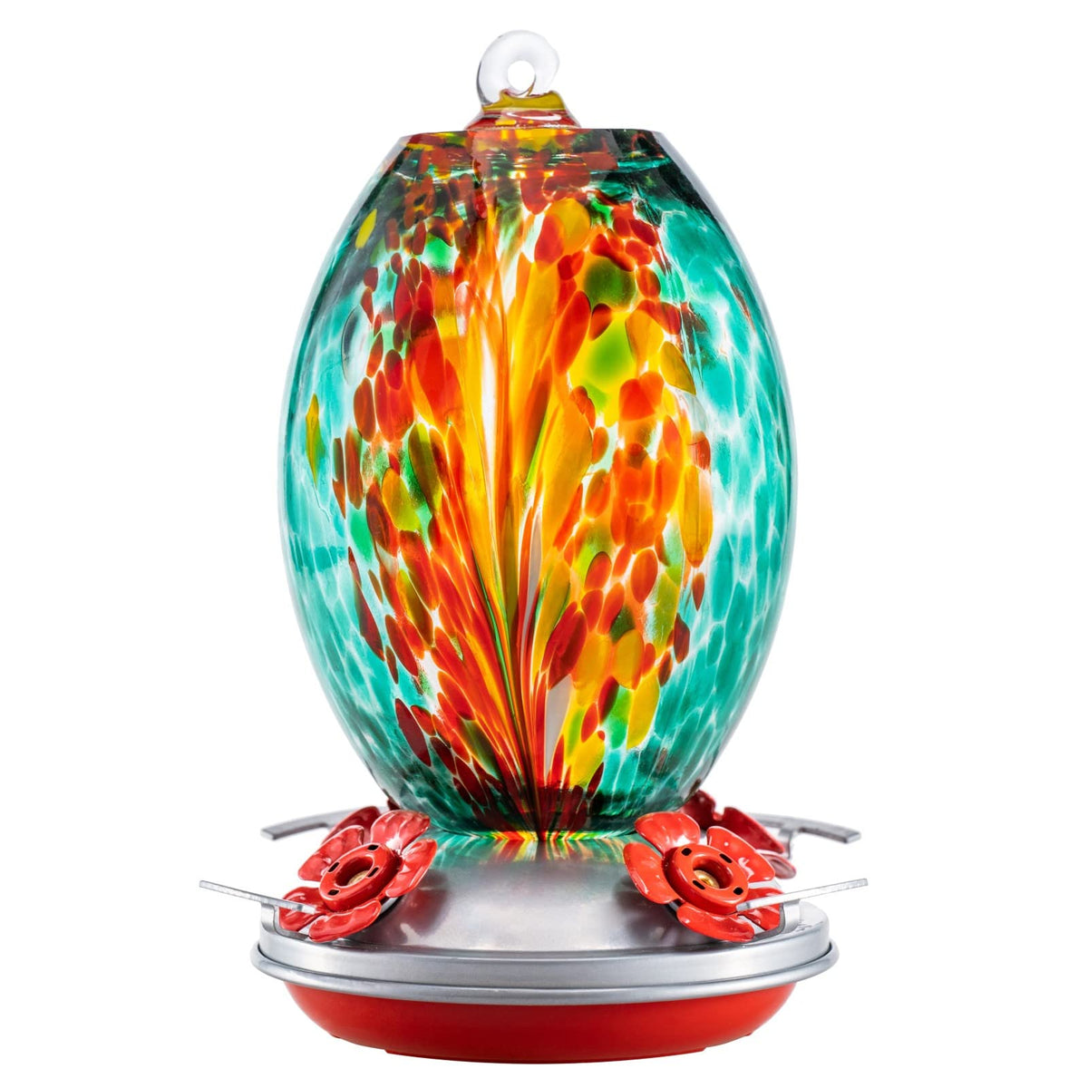 Muse Garden Emerald Peacock hummingbird feeder attracting birds and elevating garden decor