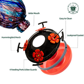 Muse Garden feeder features leak-proof seal for mess-free nectar feeding.