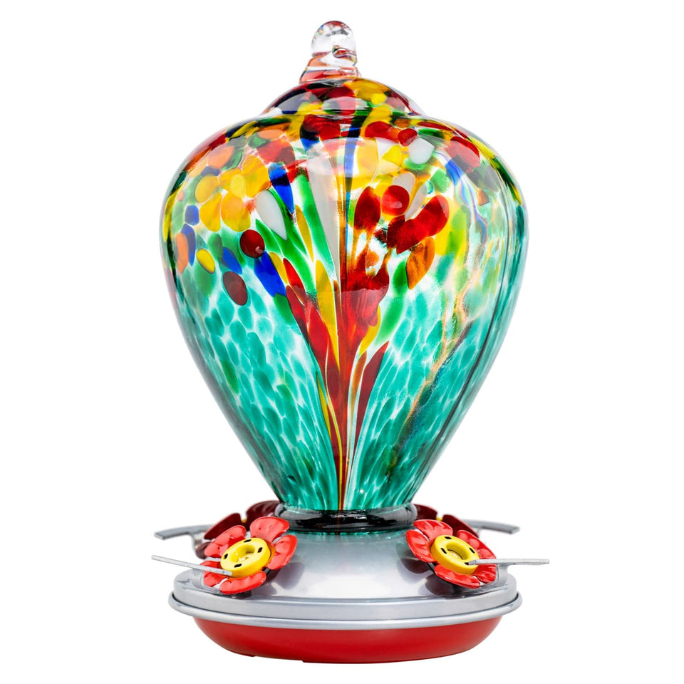 Muse Garden turquoise fireworks hummingbird feeder for vibrant backyard viewing.
