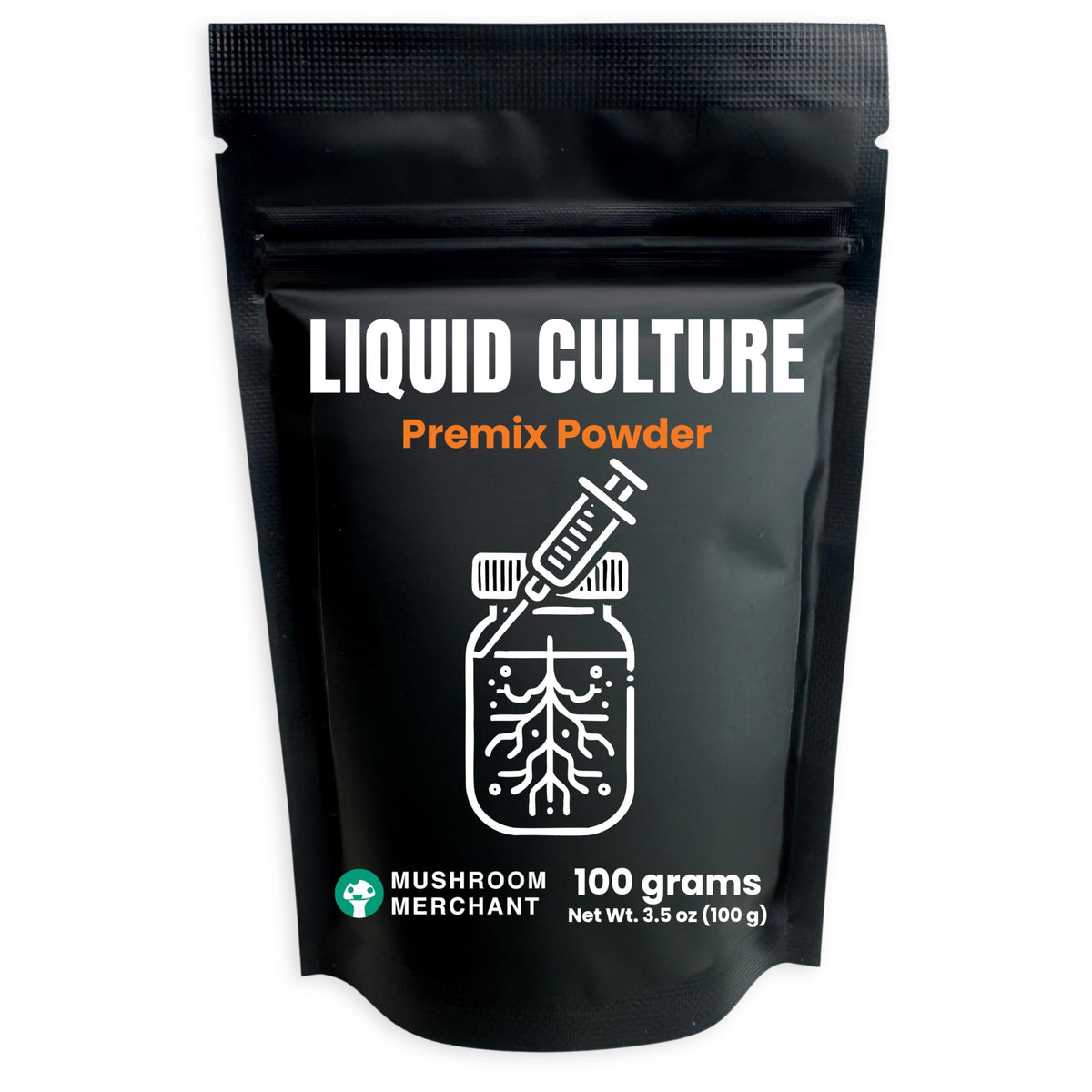 Mushroom Merchant Liquid Culture Premix 100 g packaging in a sealed pouch for freshness.