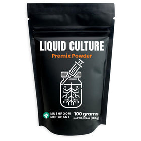 Mushroom Merchant Liquid Culture Premix 100 g packaging in a sealed pouch for freshness.