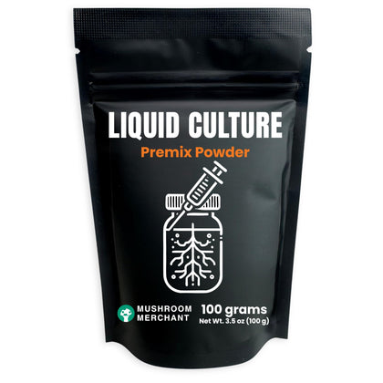 Mushroom Merchant Liquid Culture Premix 100 g packaging in a sealed pouch for freshness.