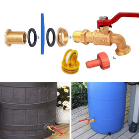 Musibo rain barrel spigot bulkhead fitting showing secure installation for rainwater collection