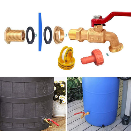 Musibo rain barrel spigot bulkhead fitting showing secure installation for rainwater collection