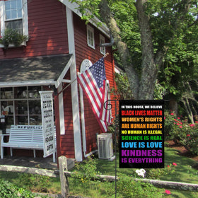 Muwodut garden flag displayed on porch rails elevates curb appeal.