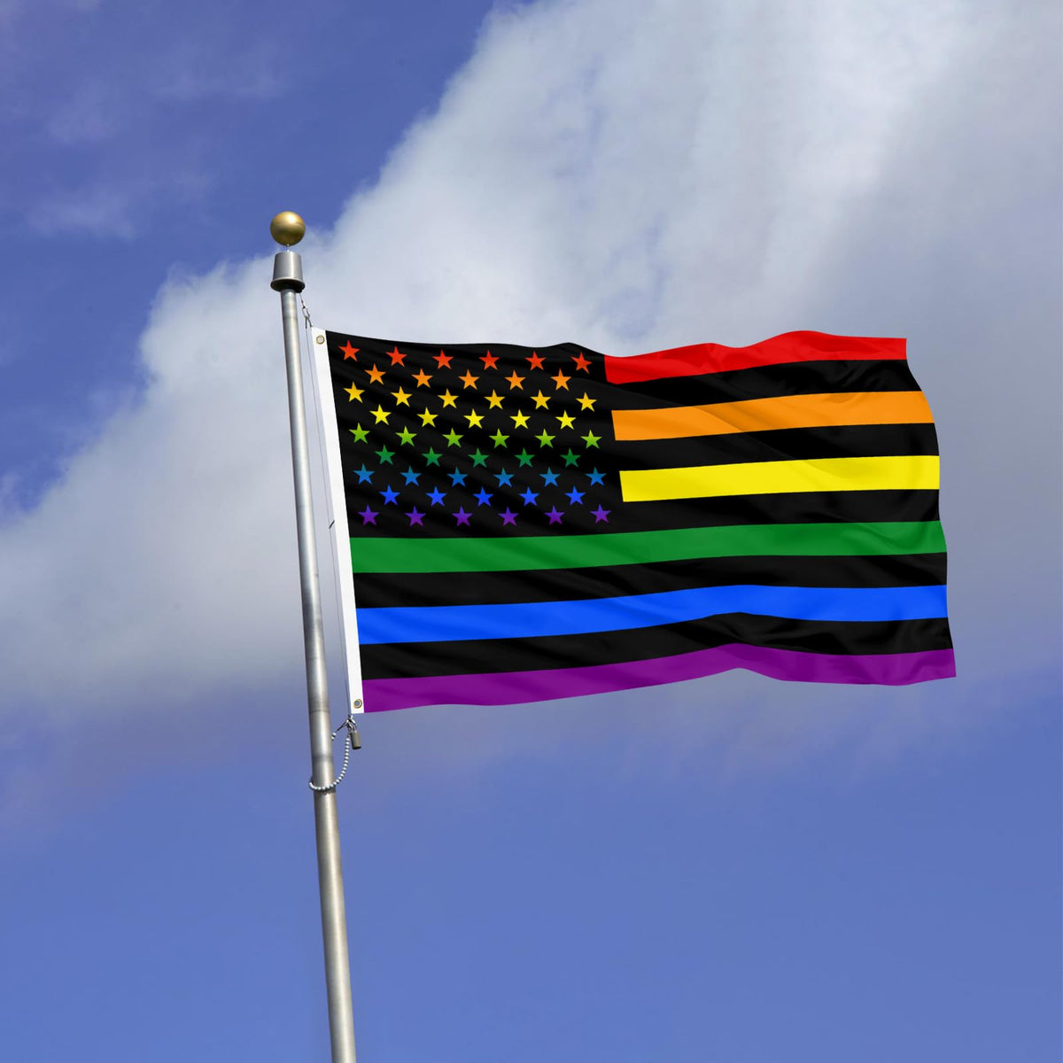Muwodut Pride flag outdoors on a patio with durable polyester fabric.