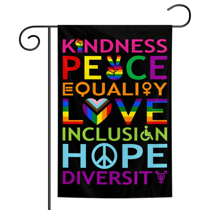 Muwodut Pride Garden Flag 12x18 draped for outdoor display.