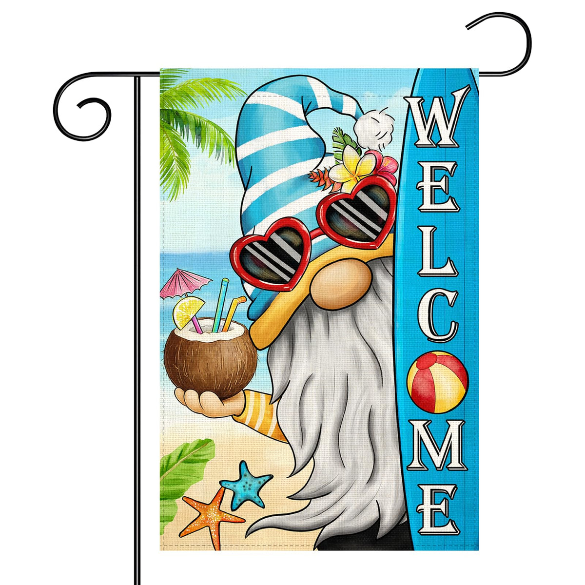 Muwodut Welcome Summer Gnomes flag front view for porch display and welcome