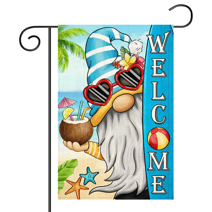 Muwodut Welcome Summer Gnomes flag front view for porch display and welcome
