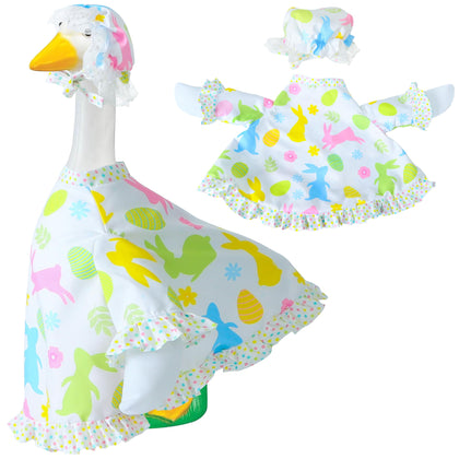 Muximud Easter goose outfit hat with lace edging on porch goose statue adds Easter charm.