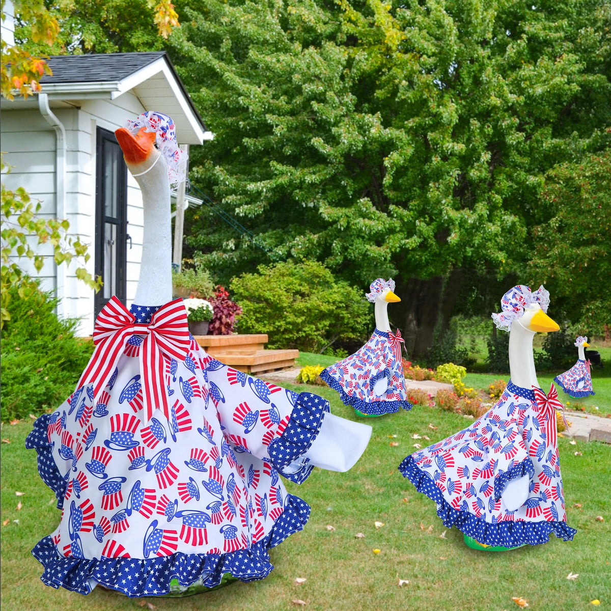 Muximud farmhouse porch ensemble boosts curb appeal with flag motifs.