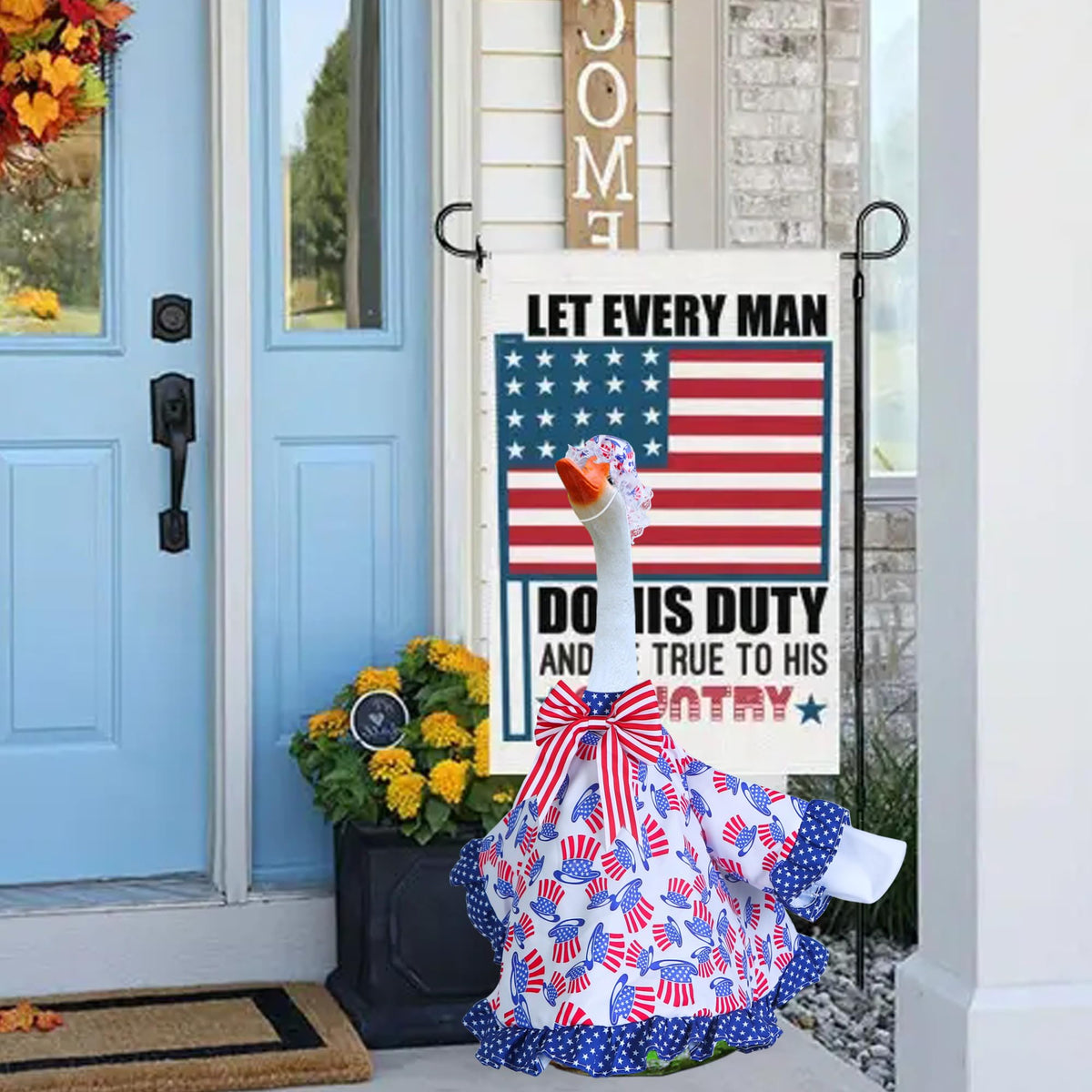 Muximud Independence Day goose costume accents lawn displays.