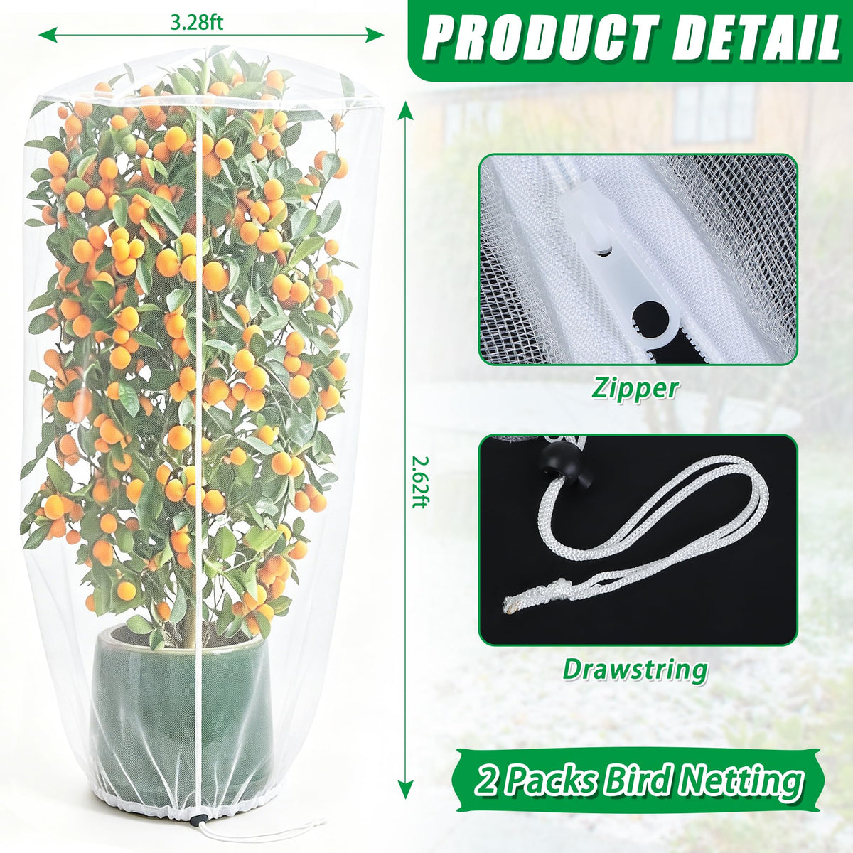 Muximud vertical planter netting cover side view with zipper for easy access