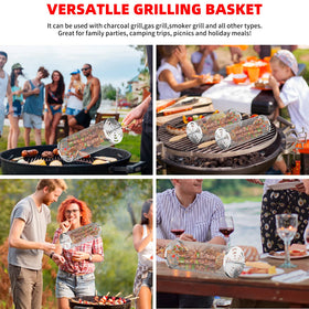 MUYFIO grill basket in use during outdoor barbecue cooking veggies and shrimp