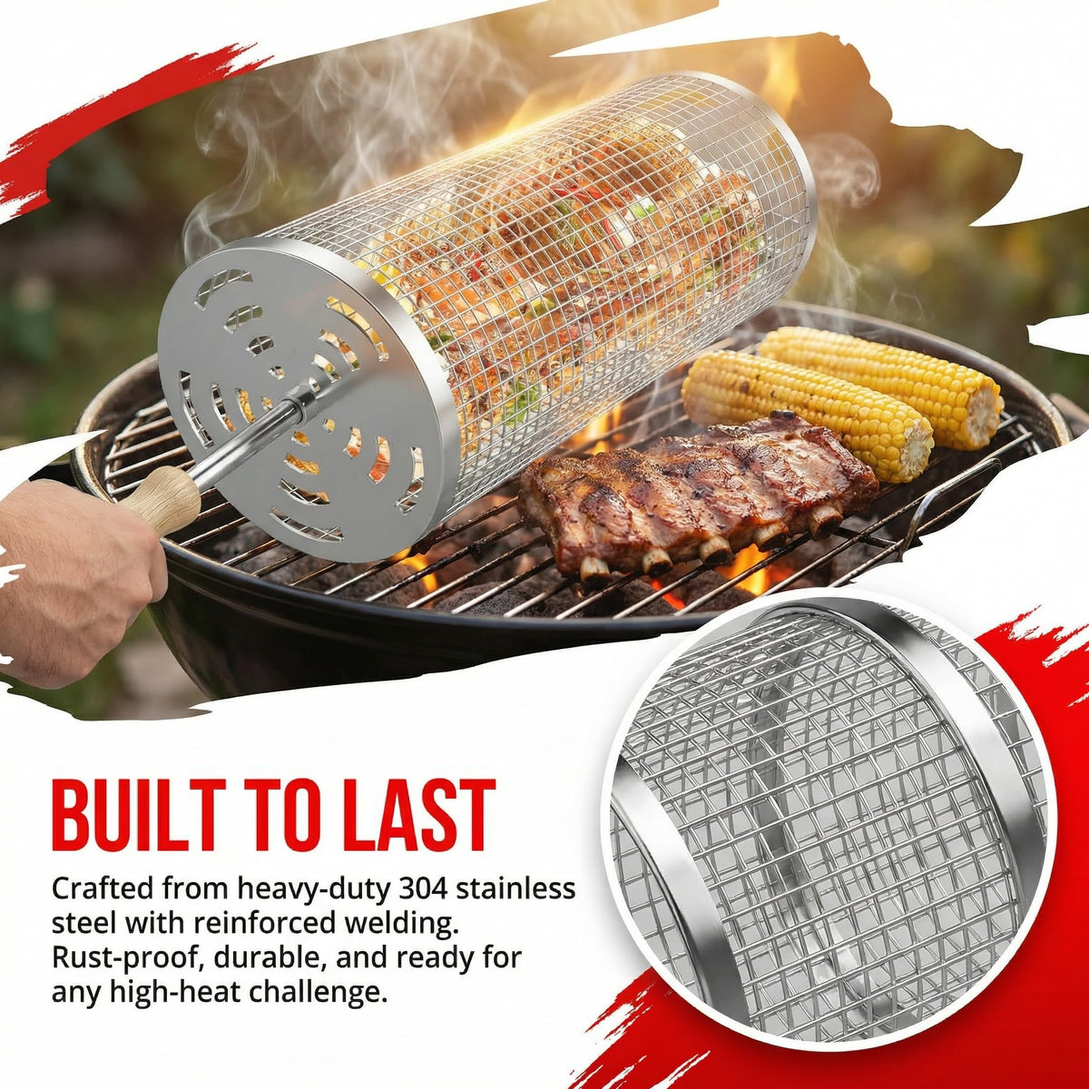 MUYFIO rolling grill basket durable 304 stainless steel construction