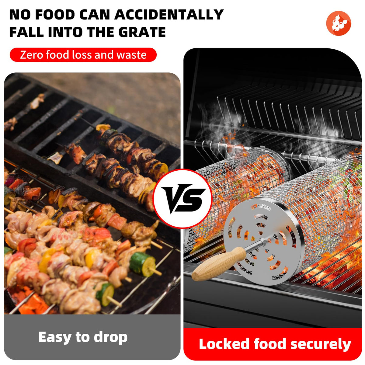 MUYFIO rolling grill basket with helper hooks for secure grilling